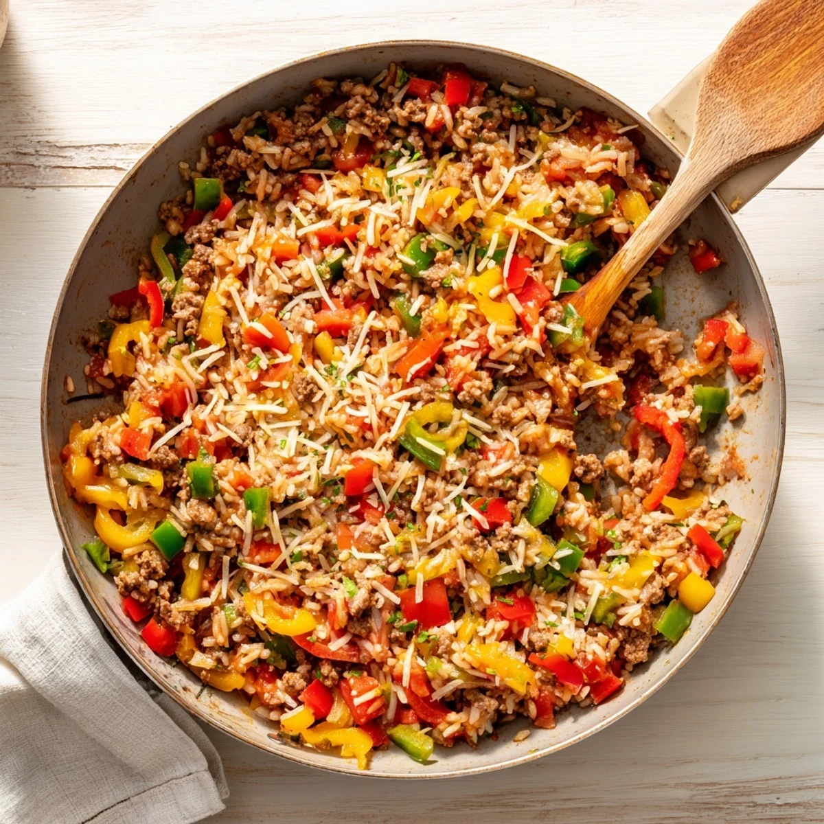 A close-up of the one-pan Unstuffed Pepper Skillet shows juicy diced tomatoes and fluffy rice steaming in a rustic cast iron pan.  