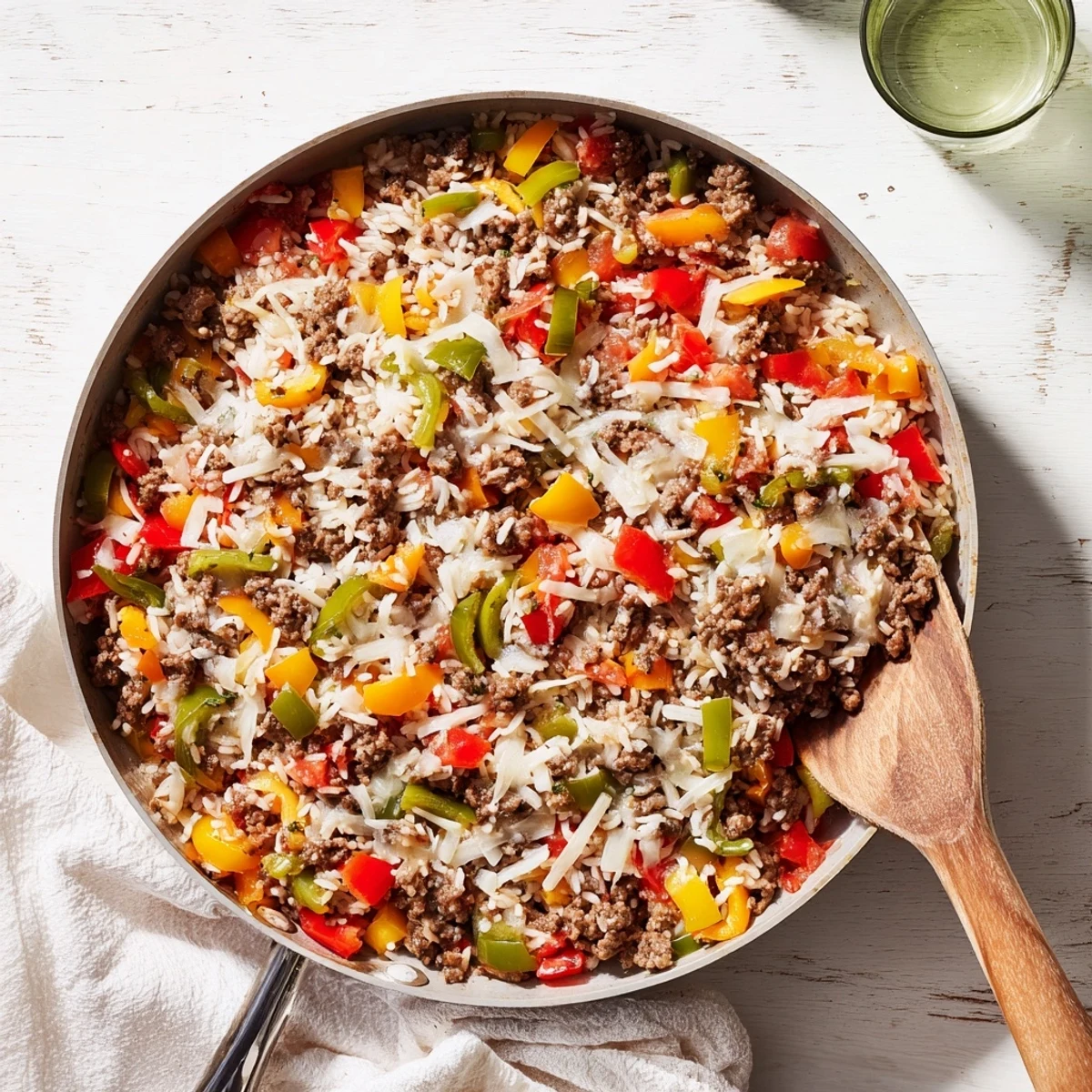 Golden melted mozzarella blankets the hearty Unstuffed Pepper Skillet, revealing tender bell peppers and savory ground beef beneath.  