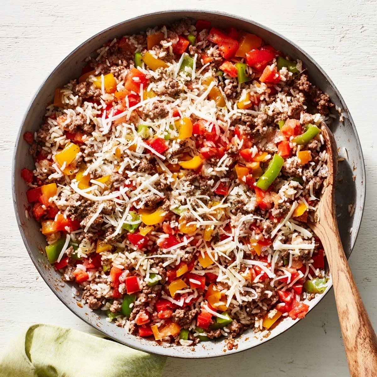 Sizzling Unstuffed Pepper Skillet served family-style on a wooden table, garnished with fresh parsley and ready for a busy weeknight dinner.