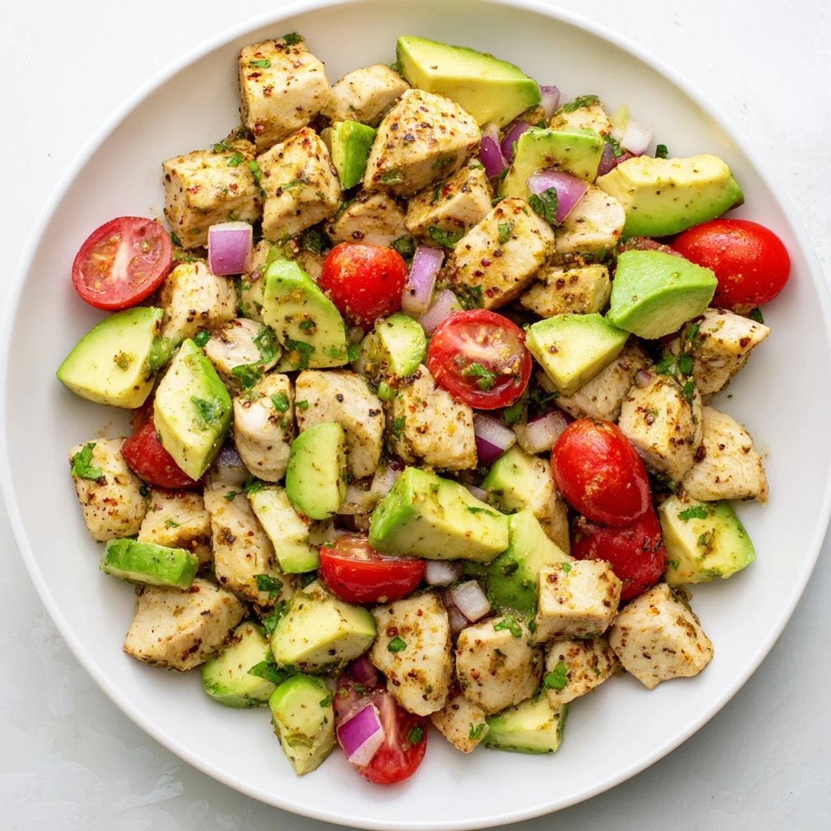 A close-up of Avocado Chicken Salad shows creamy avocado chunks and juicy tomatoes mixed with tender chicken in a light dressing.