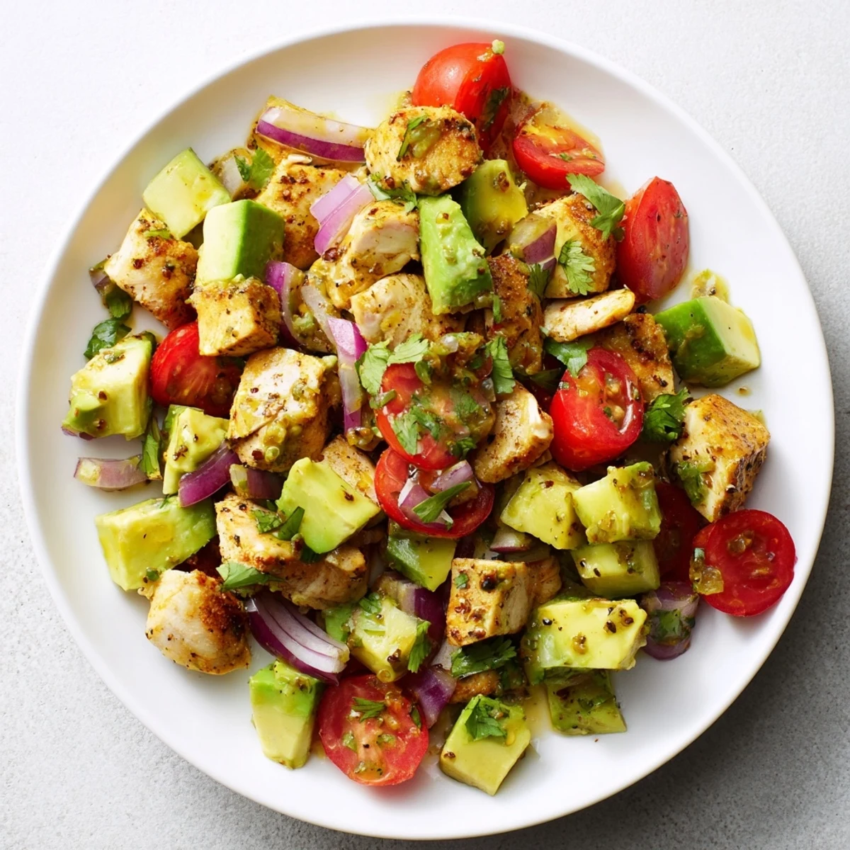Freshly grilled chicken sits atop a vibrant bowl of Avocado Chicken Salad, featuring diced avocados, cherry tomatoes, and red onion.