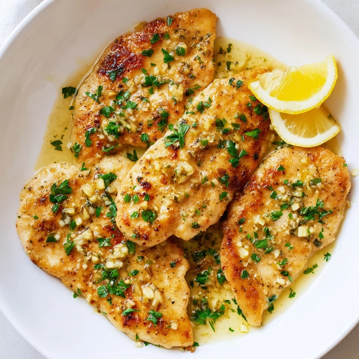 Garlic Butter Chicken sizzling in a skillet, with melted butter, minced garlic, and lemon wedges creating a savory, appetizing aroma.