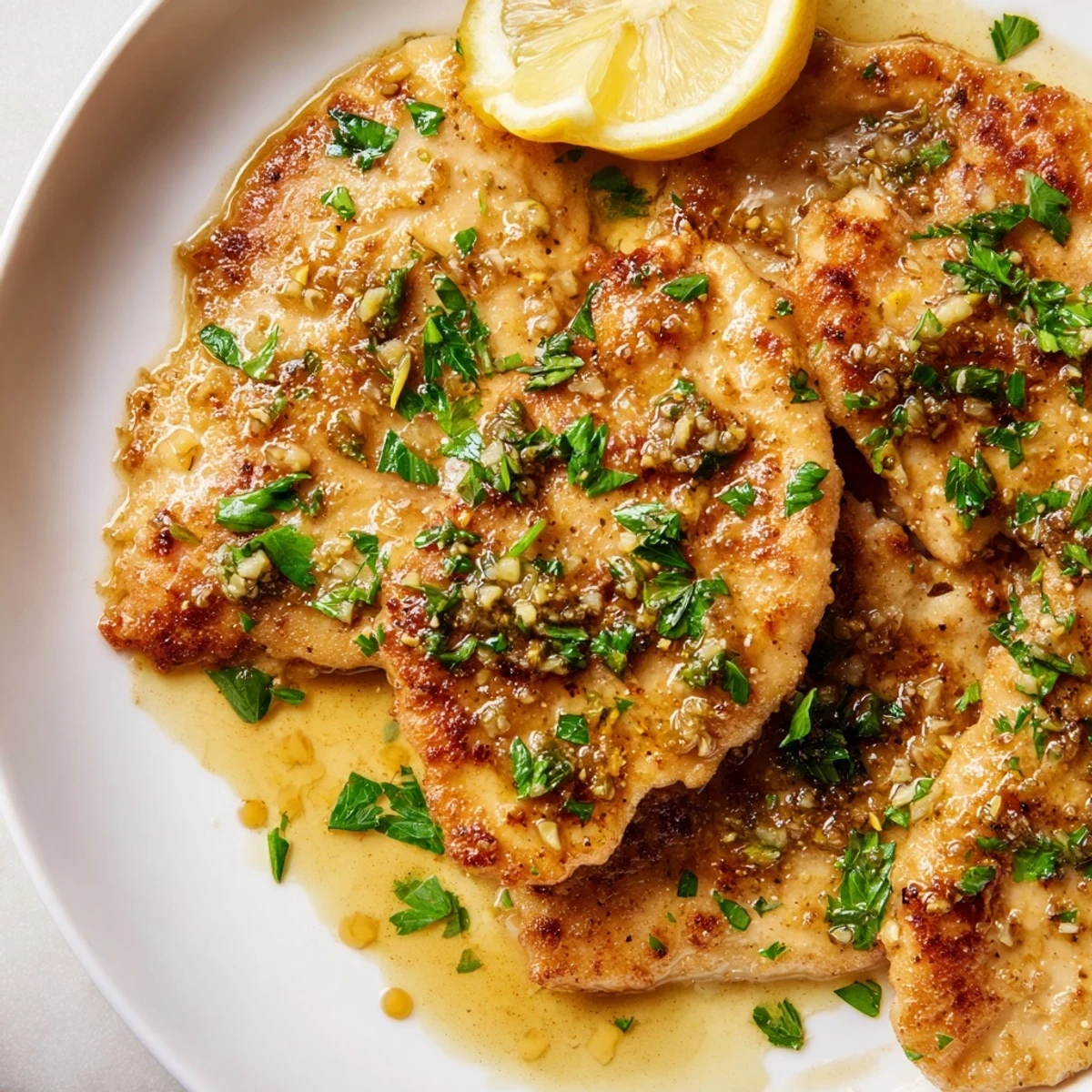 Golden-brown Garlic Butter Chicken breasts coated in a creamy, herb-infused sauce, ready to be served with mashed potatoes for dinner.