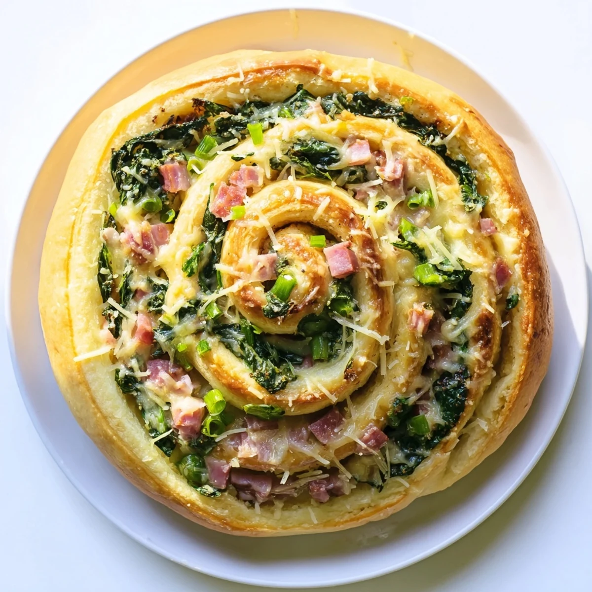 Freshly baked Savory Spinach and Ham Breakfast Rolls with melted cheese and golden crust on a wooden table.