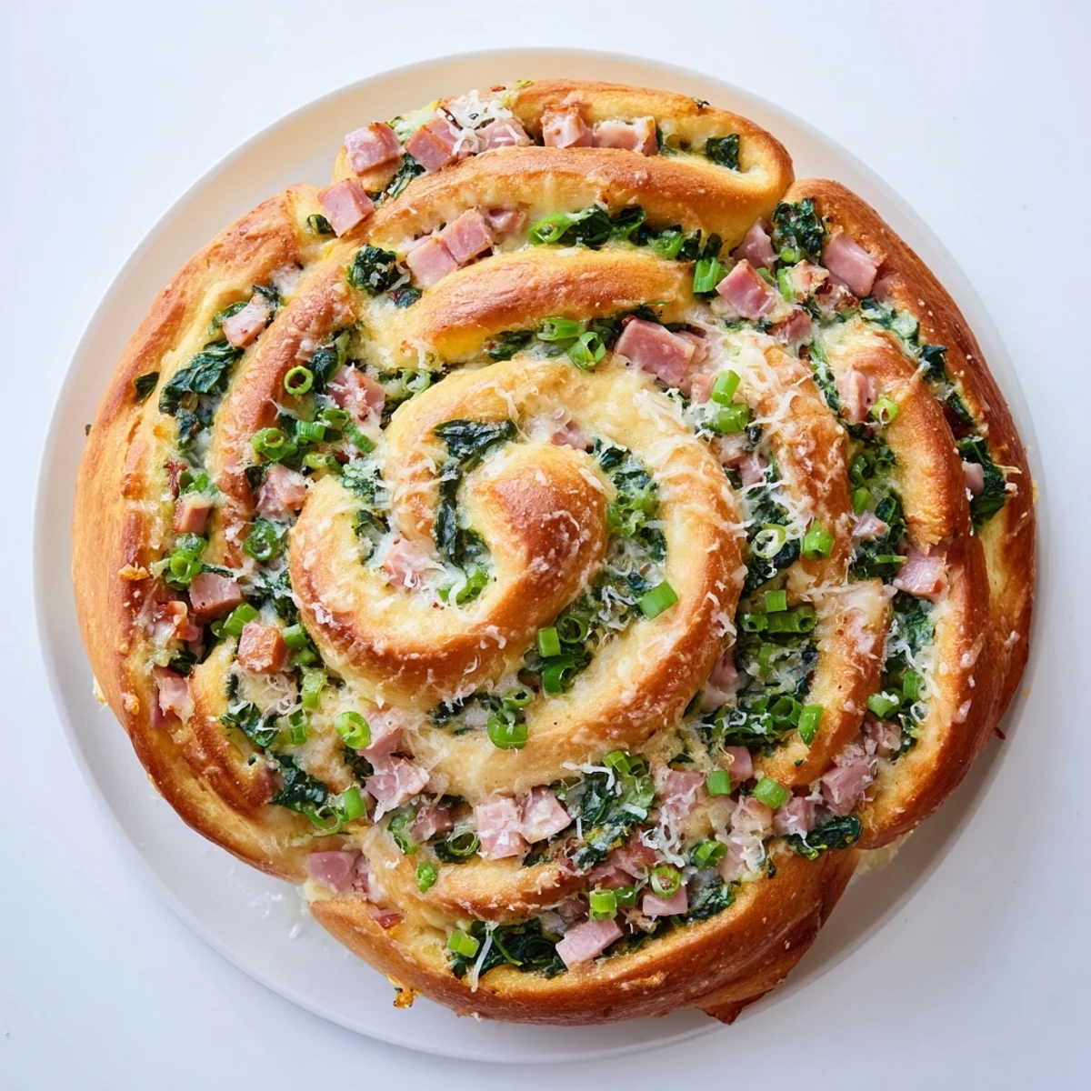 Close-up of Savory Spinach and Ham Breakfast Rolls showing fluffy texture and savory ham and spinach filling.