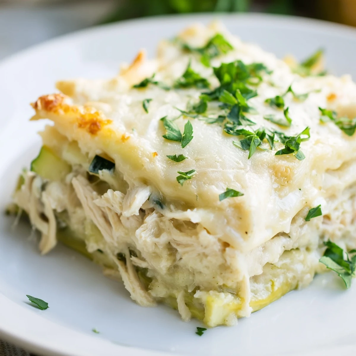 Close-up of bubbling golden cheese topping on Chicken Alfredo Zucchini Lasagna, with layers of creamy sauce visible.