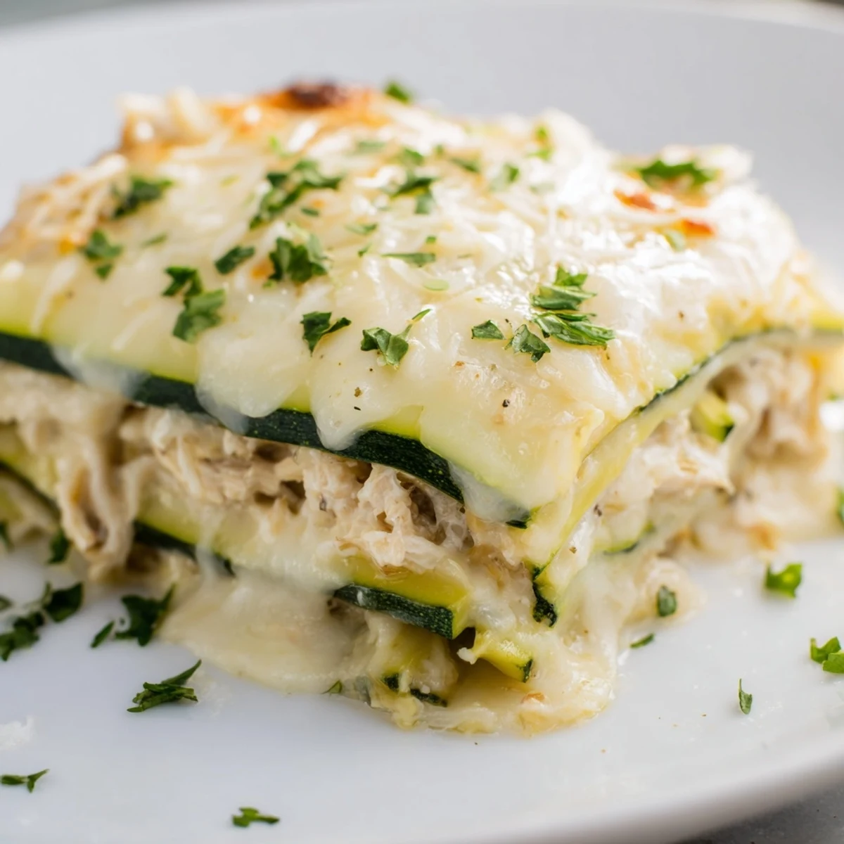 A beautiful slice of low-carb Chicken Alfredo Zucchini Lasagna shows tender chicken and fresh zucchini ribbons.
