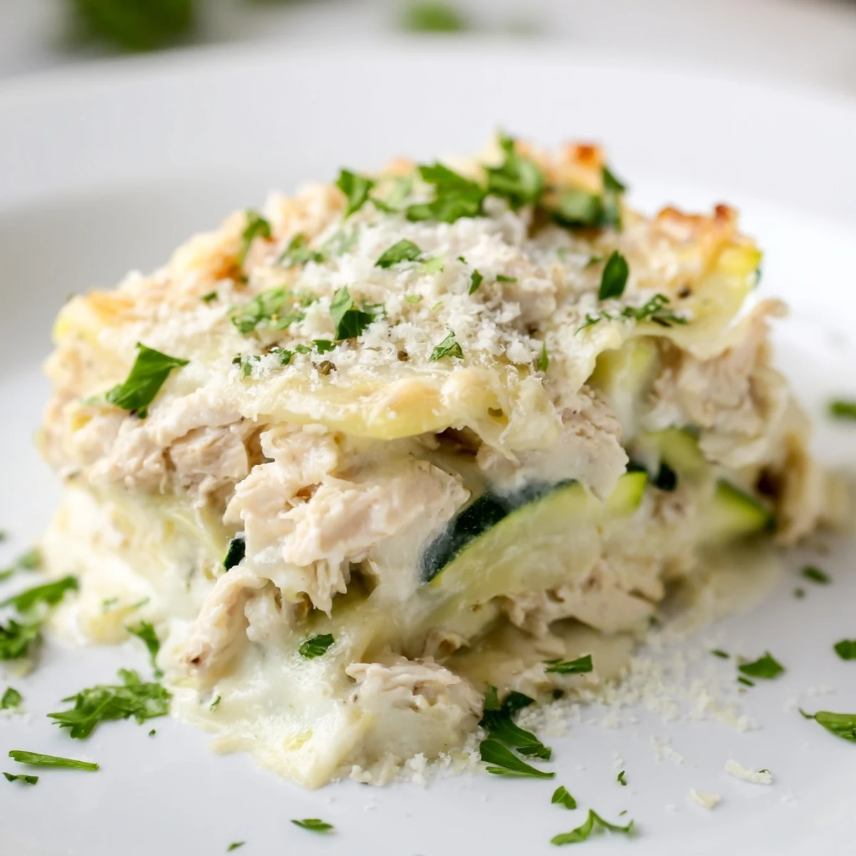 A baking dish of Chicken Alfredo Zucchini Lasagna features melted mozzarella and a rich Alfredo sauce garnish.