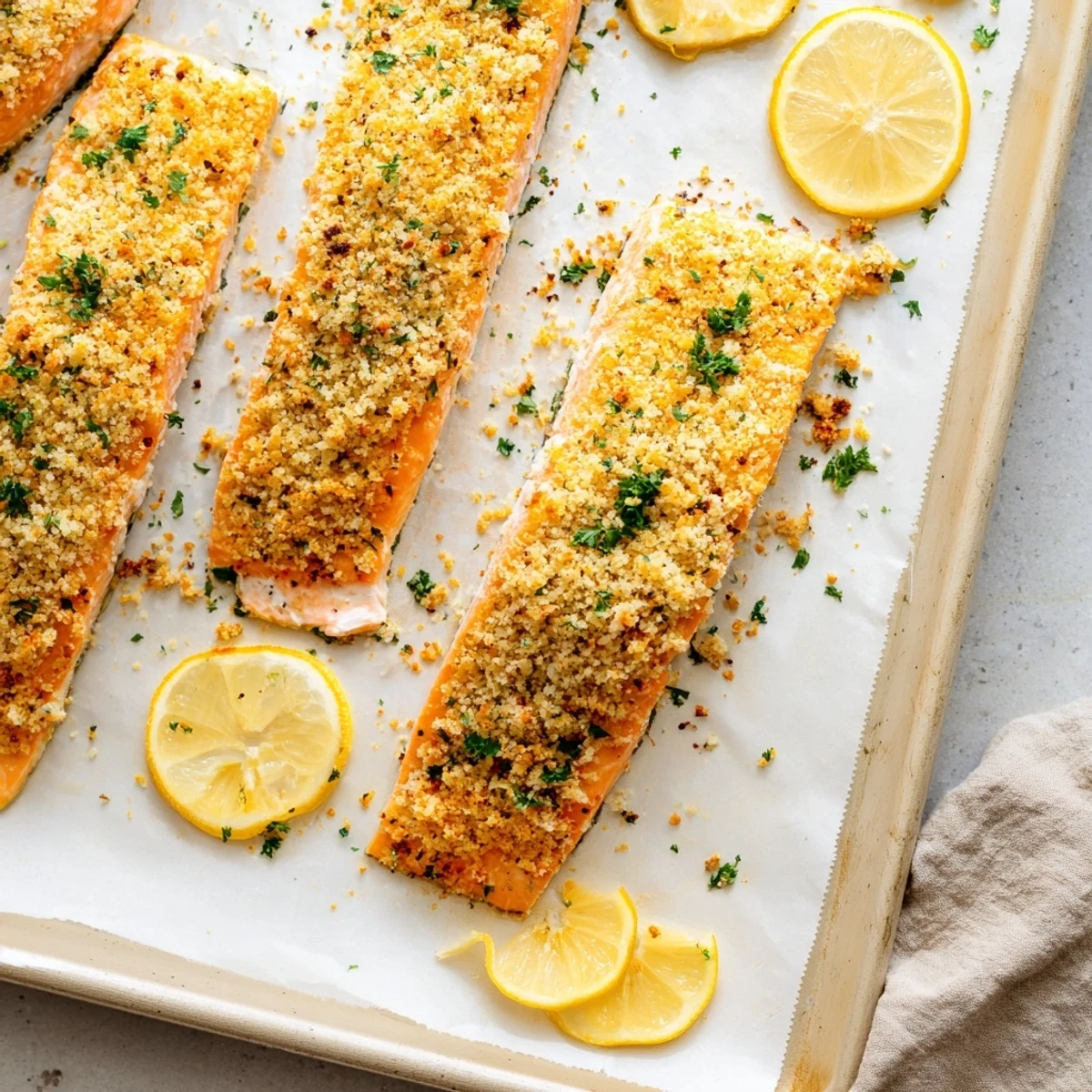 Crispy Parmesan salmon bake fresh from the oven with golden brown crust and lemon wedges.