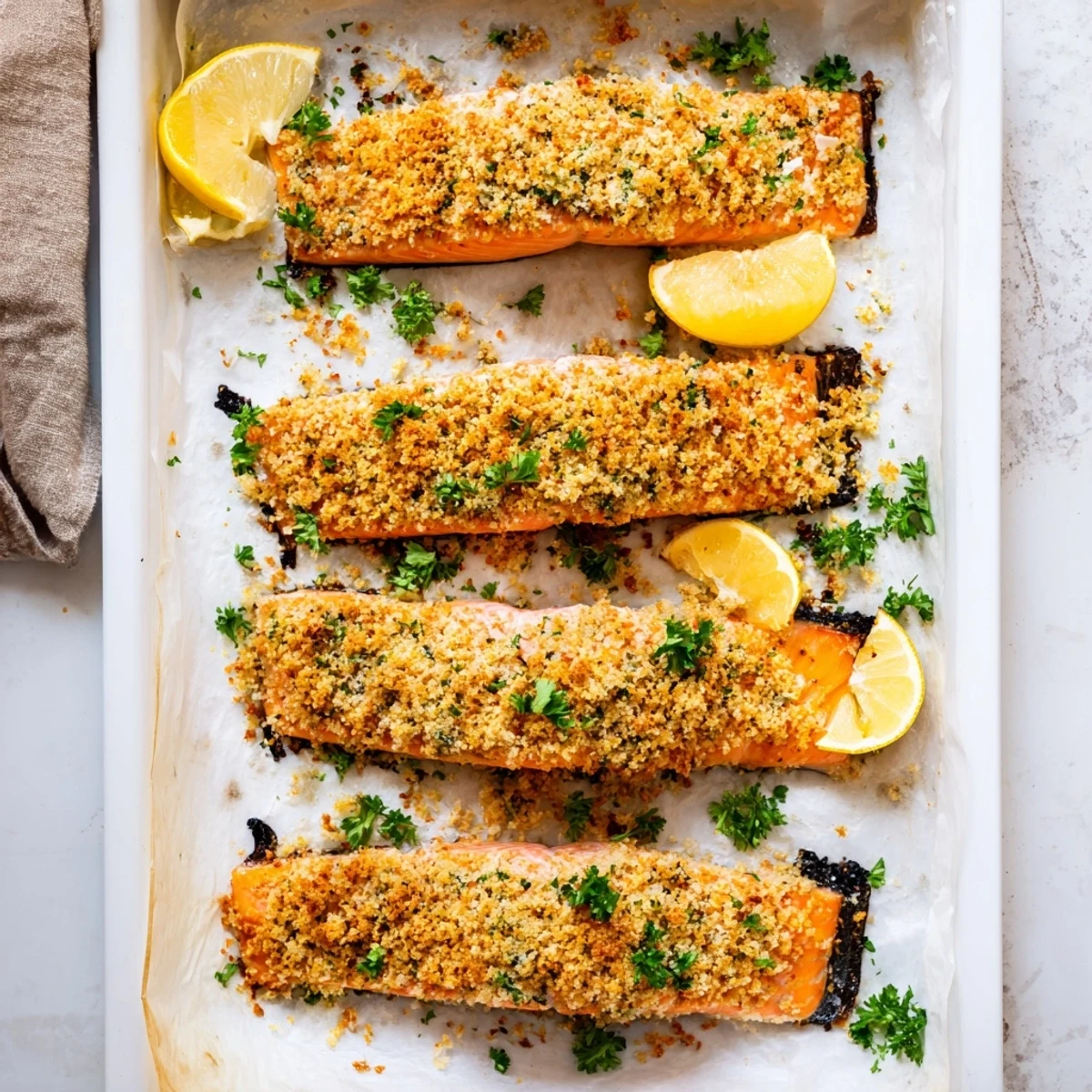 Irresistibly Crispy Parmesan Salmon Bake served with fresh parsley and a crisp green salad.