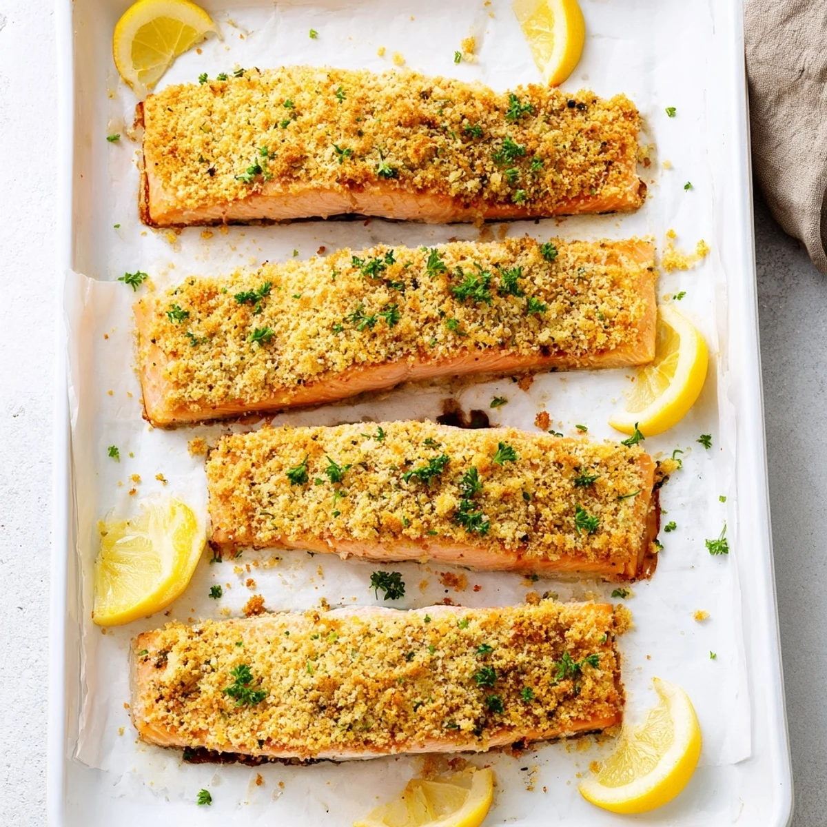 Golden baked salmon fillets topped with crunchy Parmesan crust, perfect with steamed vegetables tonight.
