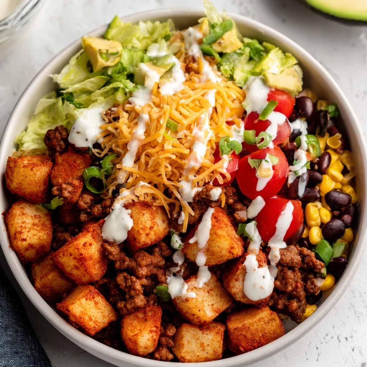 Roasted potatoes and seasoned taco beef in a vibrant Loaded Potato Taco Bowl topped with fresh pico and creamy crema.