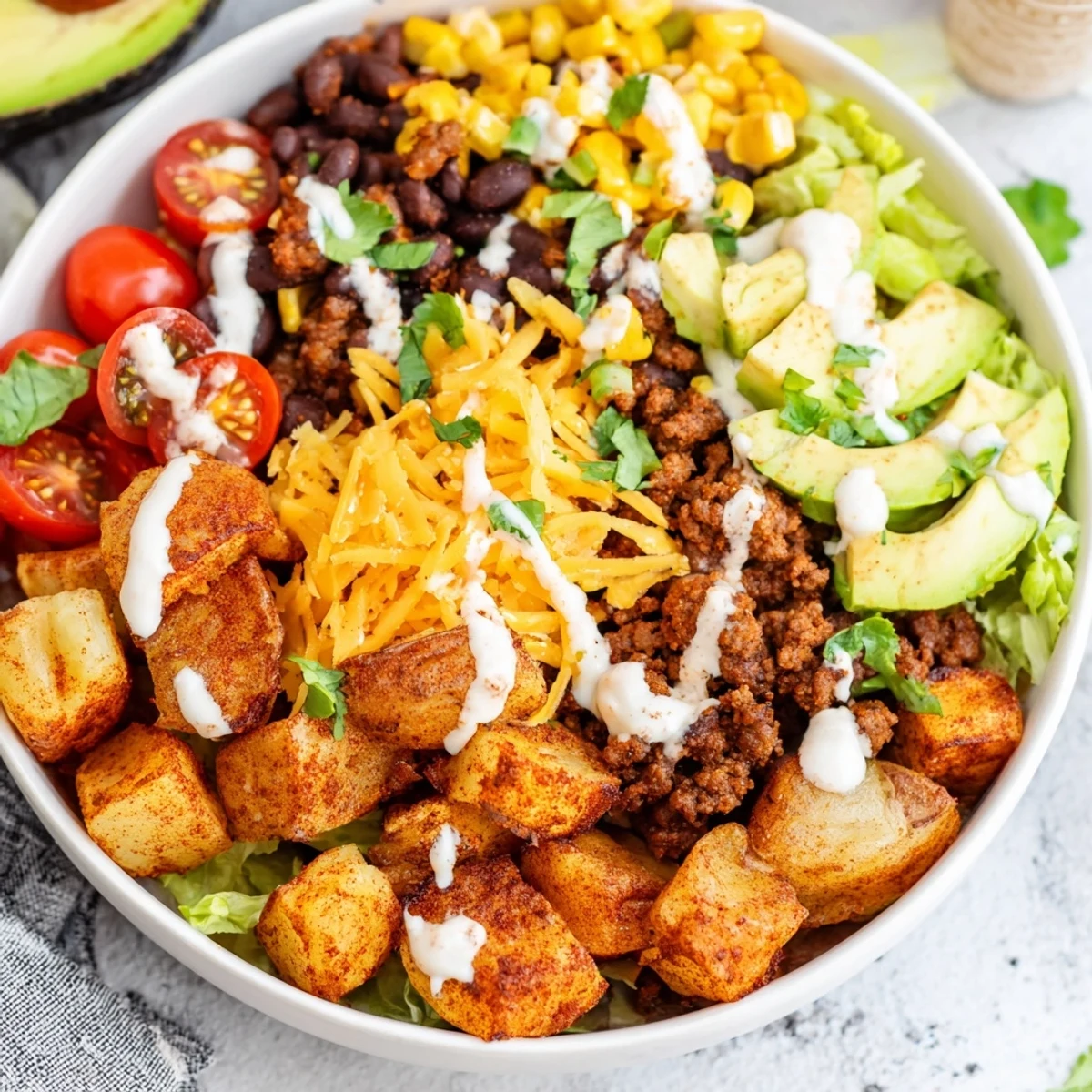 A hearty bowl of Loaded Potato Taco Bowl with melted cheese, black beans, and colorful veggies ready for a family dinner.