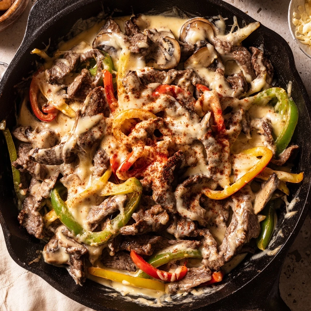 Creamy Keto Philly Cheesesteak Skillet bubbling with melted provolone and sautéed peppers in a cast iron pan.