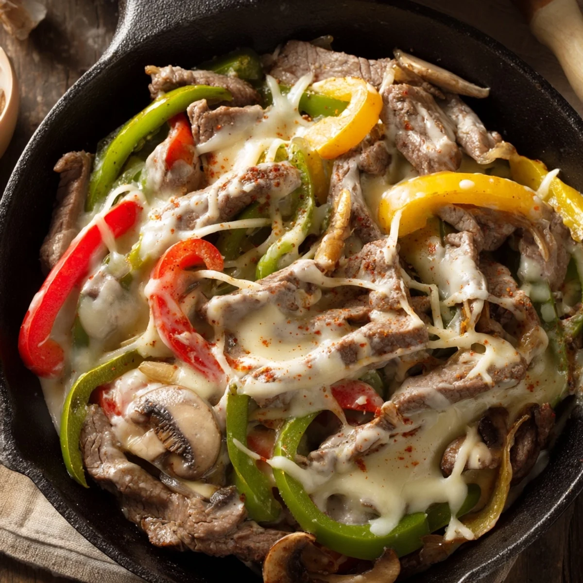Low carb Philly cheesesteak dinner served hot, garnished with fresh parsley on a rustic table.
