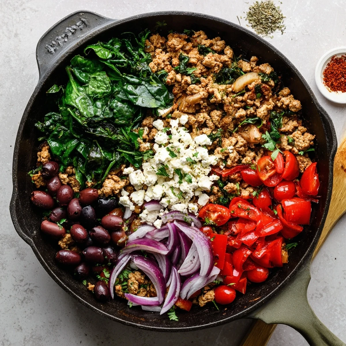 Sizzling Mediterranean Keto Skillet with Ground Chicken, Olives & Feta in a pan.