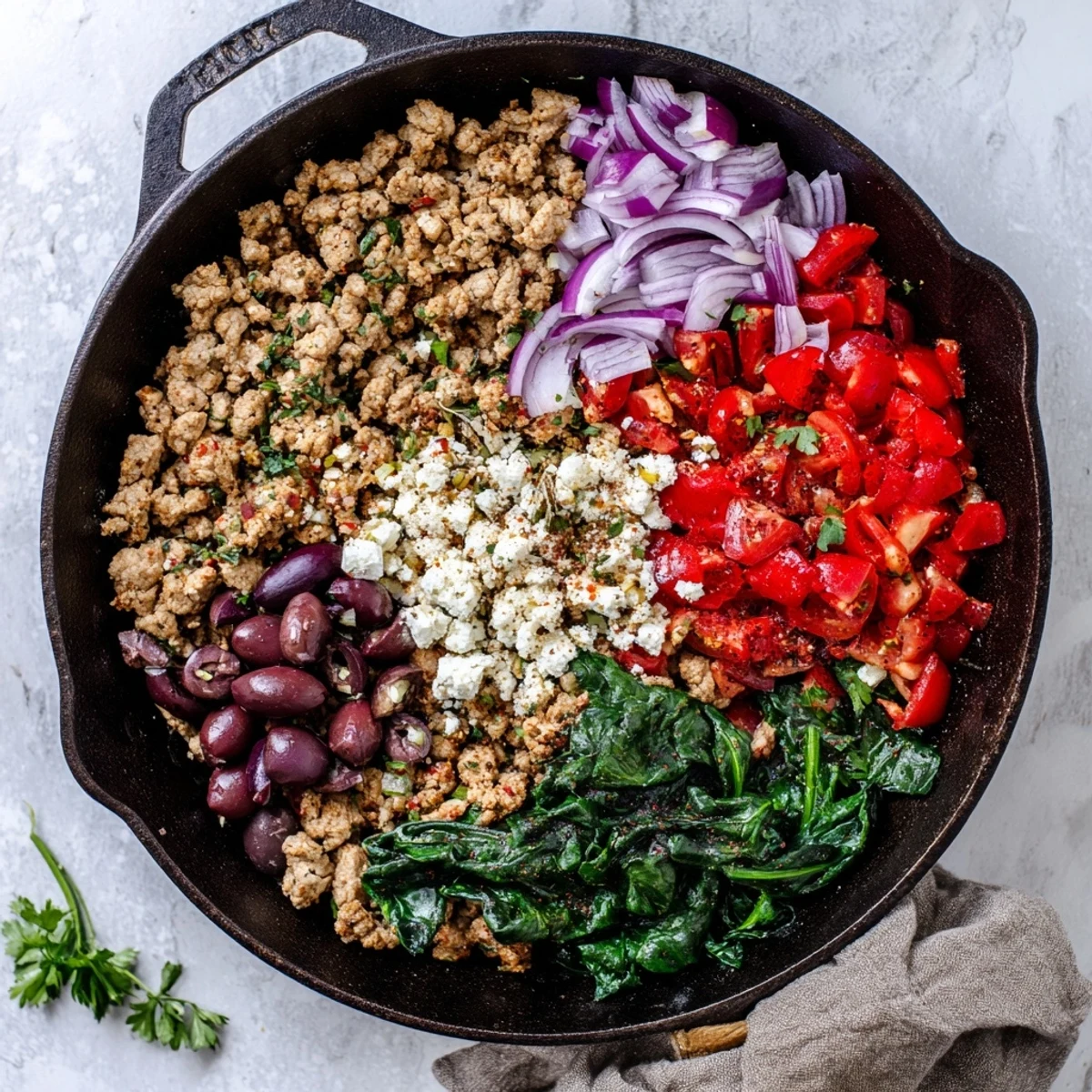 This Mediterranean Keto Skillet with Ground Chicken, Olives & Feta is bubbling and colorful.