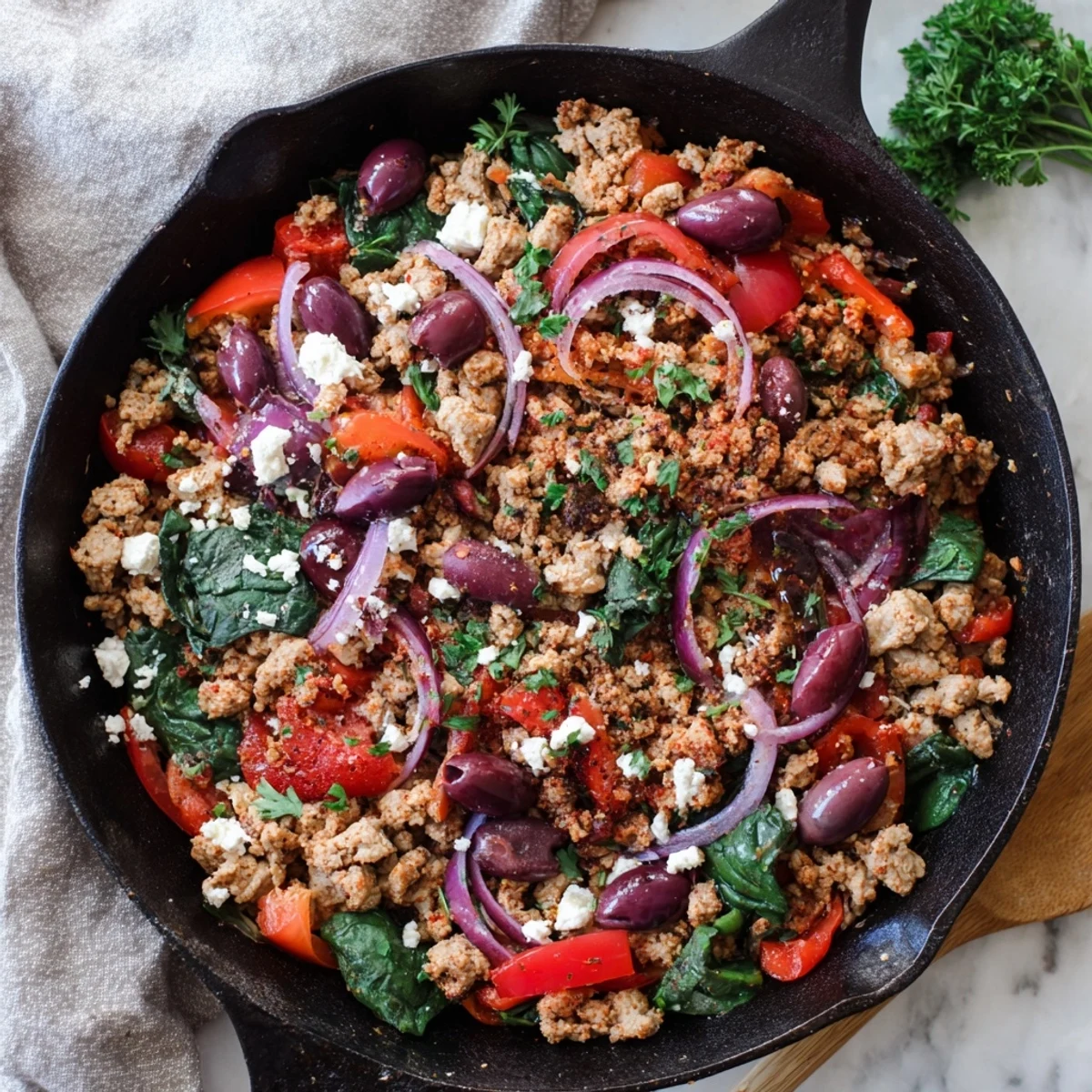 A steaming pan of Mediterranean Keto Skillet with Ground Chicken, Olives & Feta ready to serve.