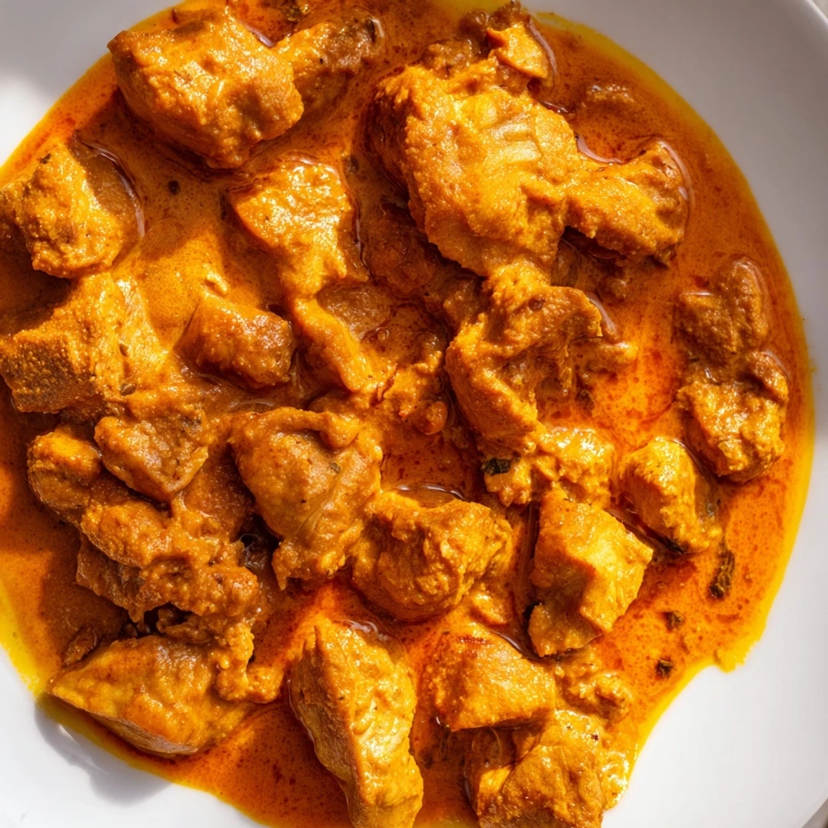 Golden pieces of tender chicken simmered in a rich, creamy tomato and garam masala sauce in a skillet, a photo of 5 Ingredient Keto Butter Chicken.