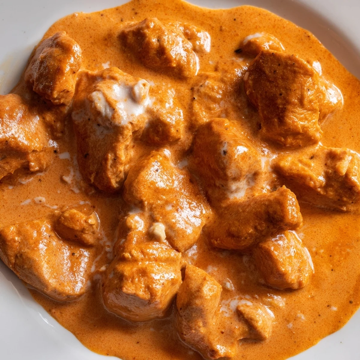 Bubbling low-carb Indian-inspired curry with chicken thighs swimming in a spiced cream sauce, showing a step in 5 Ingredient Keto Butter Chicken.