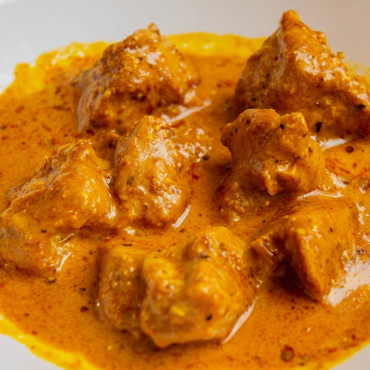 Creamy keto butter chicken served in a white bowl garnished with cilantro alongside fluffy cauliflower rice, a close-up of 5 Ingredient Keto Butter Chicken.