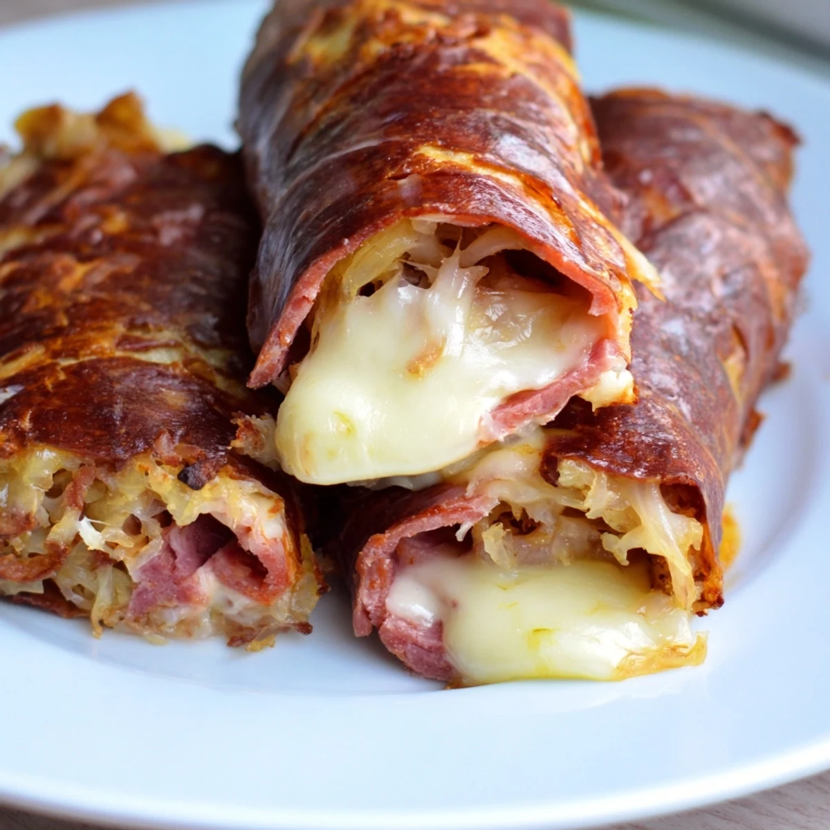 Close-up of Keto Crispy Reuben Roll Ups, revealing melted Swiss cheese and sauerkraut filling.  