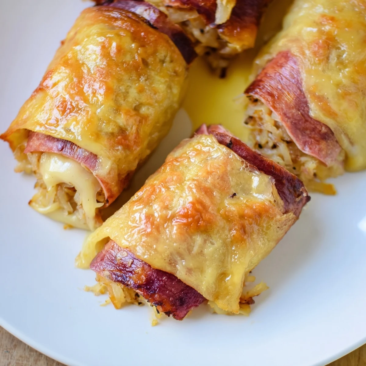 Served Keto Crispy Reuben Roll Ups on a platter, garnished with fresh parsley and pickles.