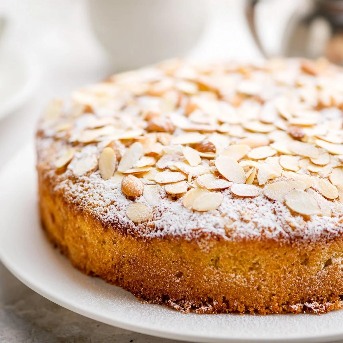 A freshly baked Almond Cake dusted with powdered sugar on a wire rack for cooling.