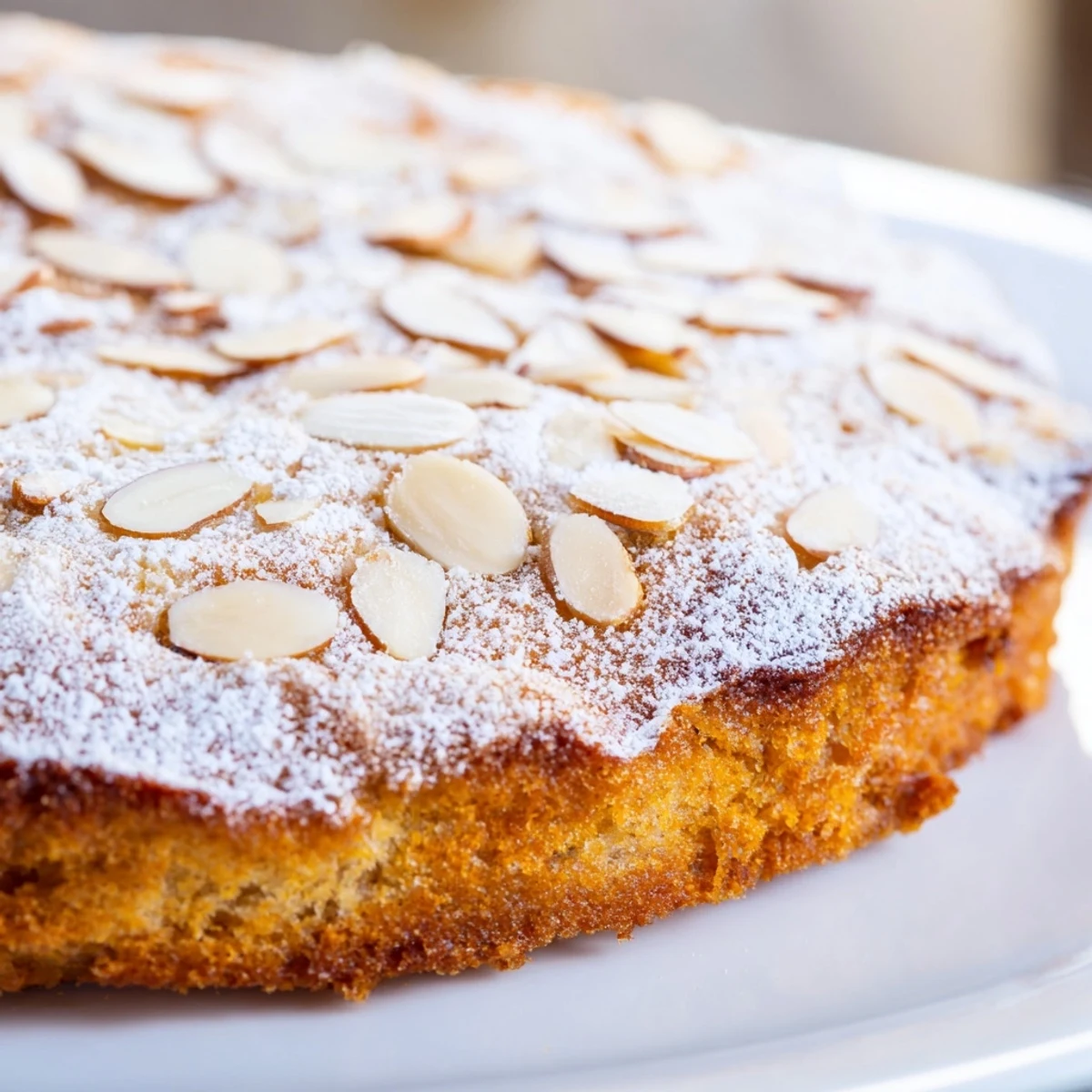 Close-up of moist Almond Cake crumb topped with toasted almonds, ready for teatime.
