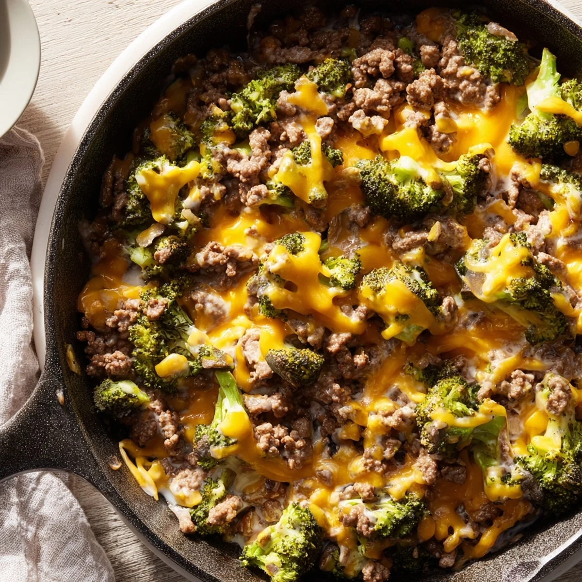 Golden melted cheddar blankets seasoned ground beef and tender broccoli in this sizzling Keto Hamburger Broccoli Skillet, ready for a satisfying weeknight meal.