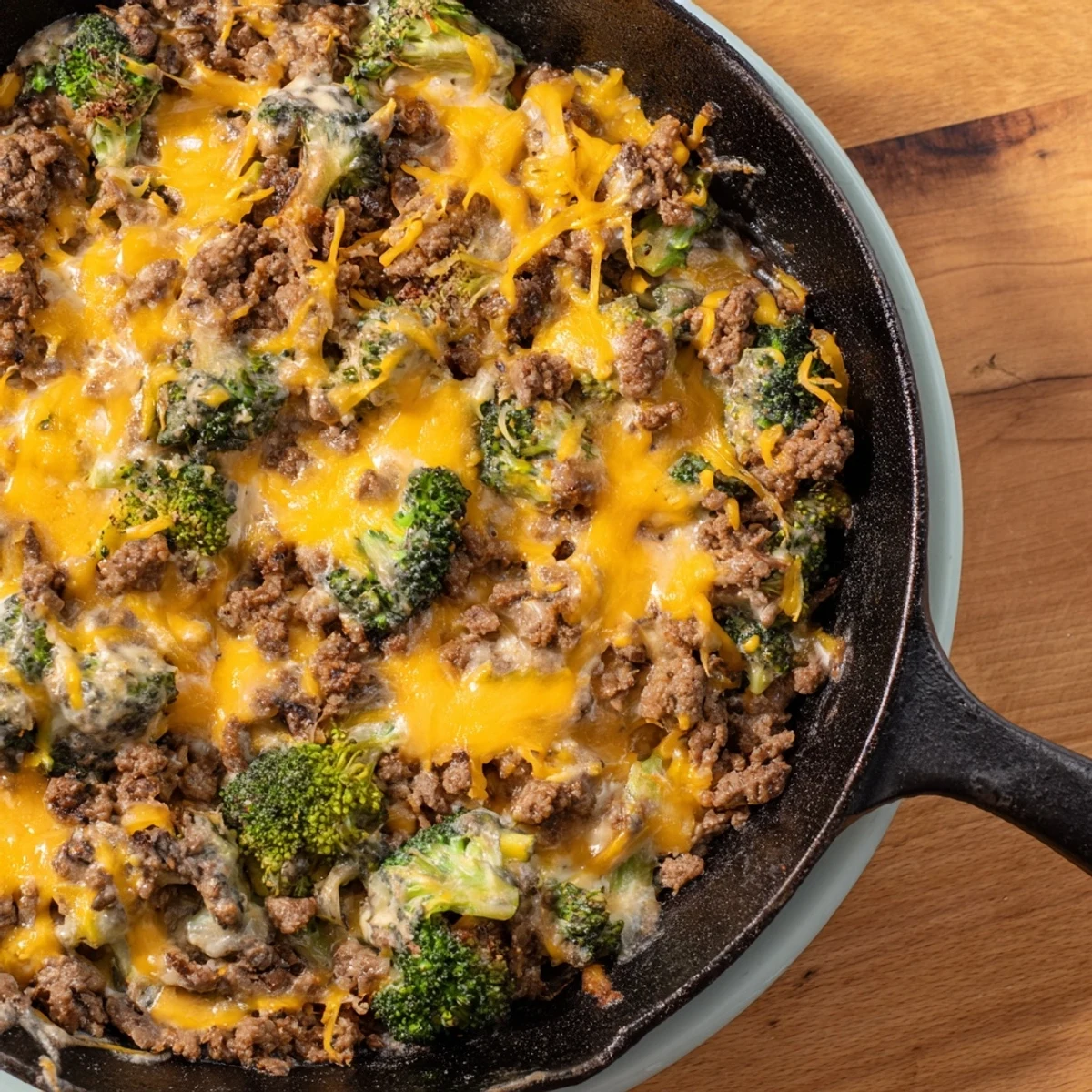 A close-up photo shows Keto Hamburger Broccoli Skillet with juicy beef crumbles, green broccoli florets, and a creamy, cheesy sauce bubbling in a cast iron pan.