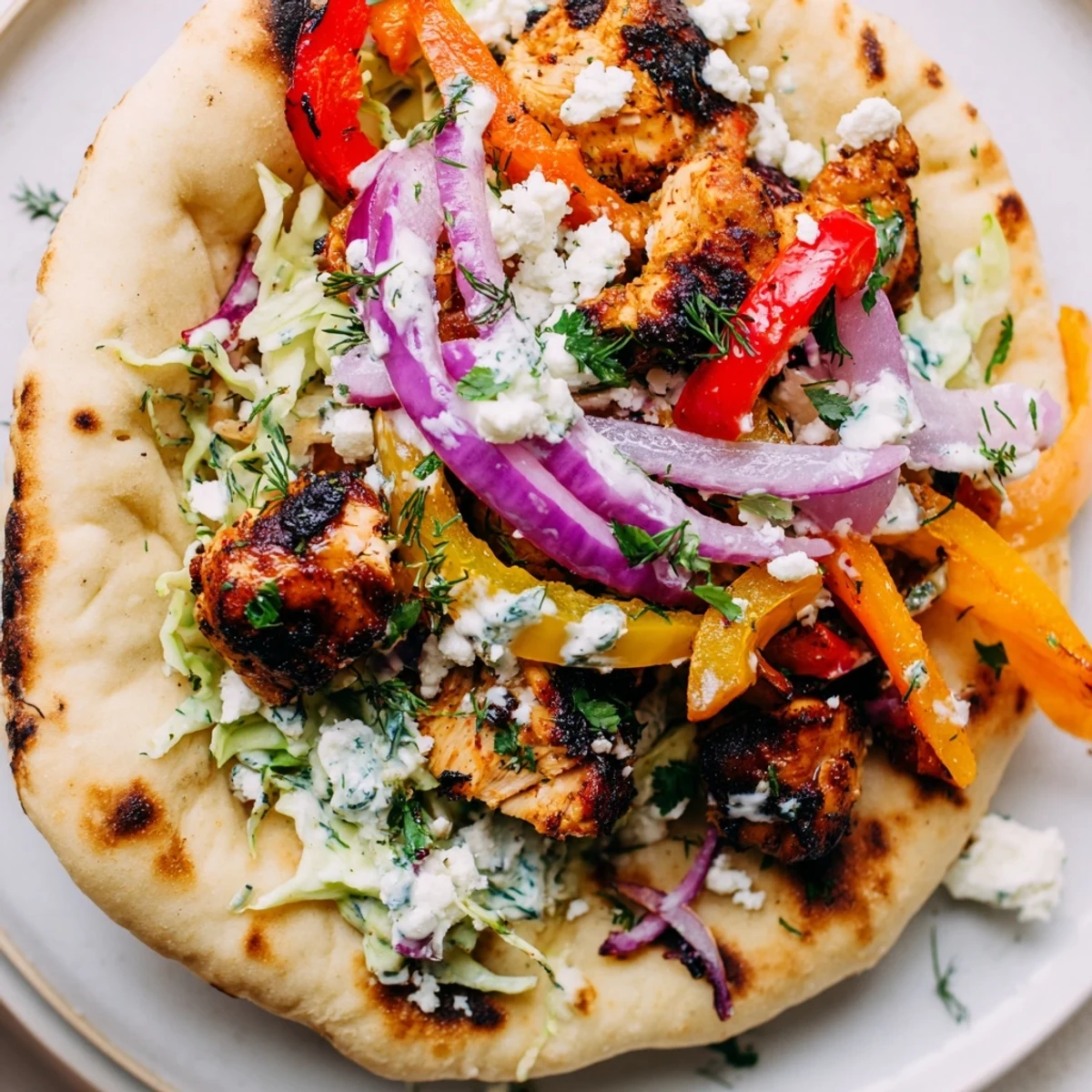 Juicy sheet pan chicken pitas filled with roasted vegetables and topped with crisp herb ranch slaw on a white plate.