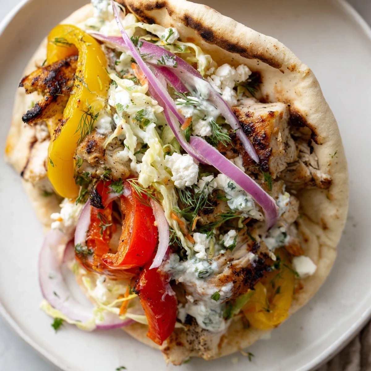 Golden-brown roasted chicken and peppers peek from warm pita bread layered with vibrant green fresh herb ranch slaw.