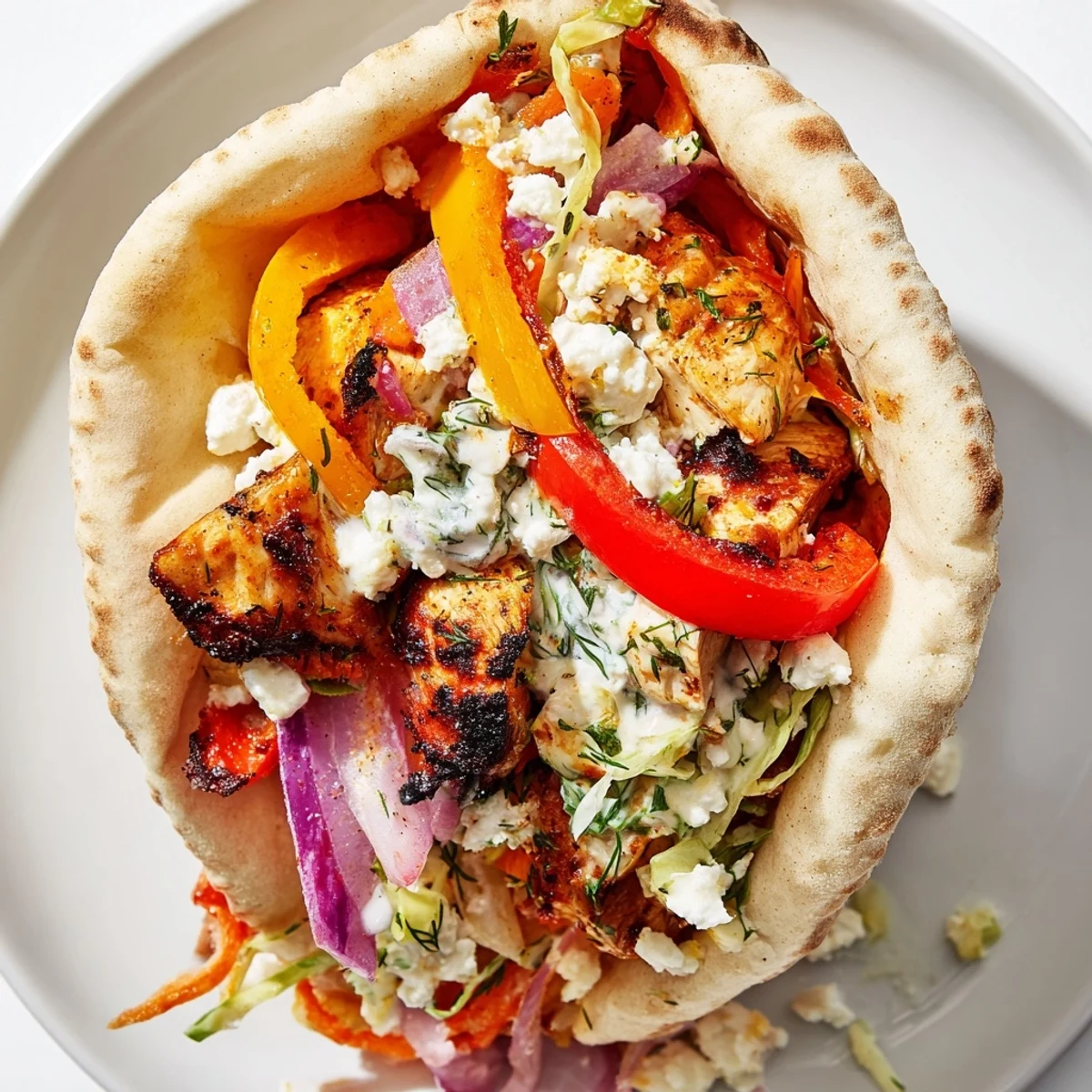 Homemade sheet pan chicken pitas served with colorful vegetables, feta crumbles, and tangy lemon wedges on a rustic wooden table.