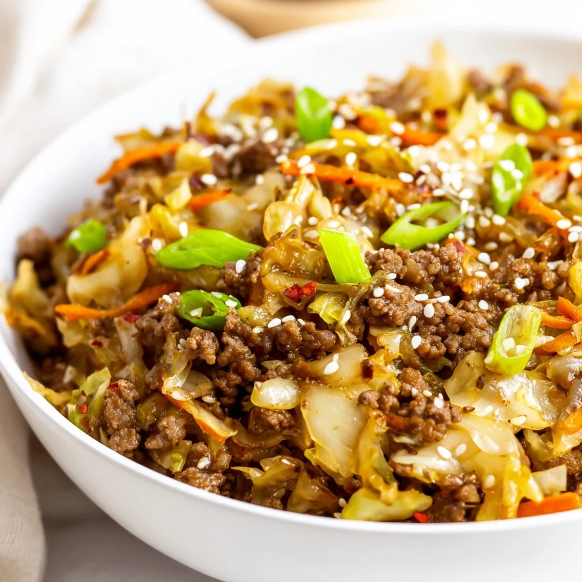 A single-pan serving of Egg Roll In A Bowl topped with spicy sriracha and fresh ginger, perfect for keto meals.