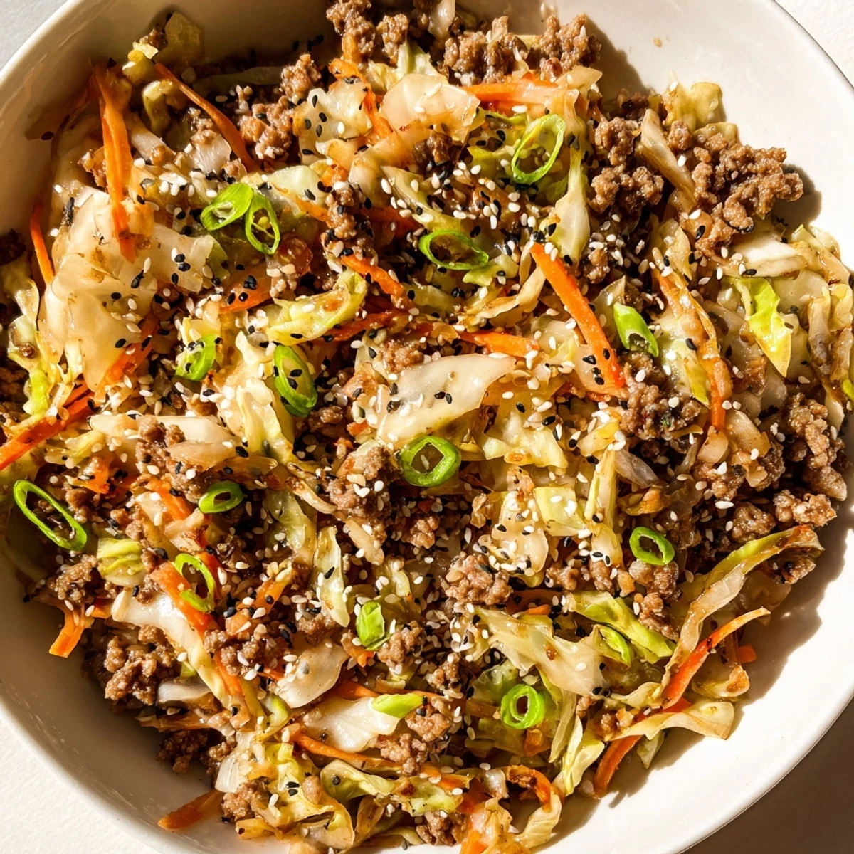 Golden-brown ground pork and shredded cabbage in a skillet for Egg Roll In A Bowl with sesame seeds and green onions.