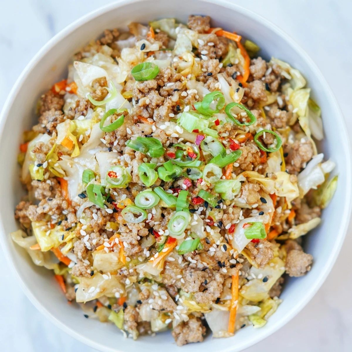 A close-up of low-carb Egg Roll In A Bowl with crunchy slaw mix, savory pork, and a drizzle of sesame sauce.