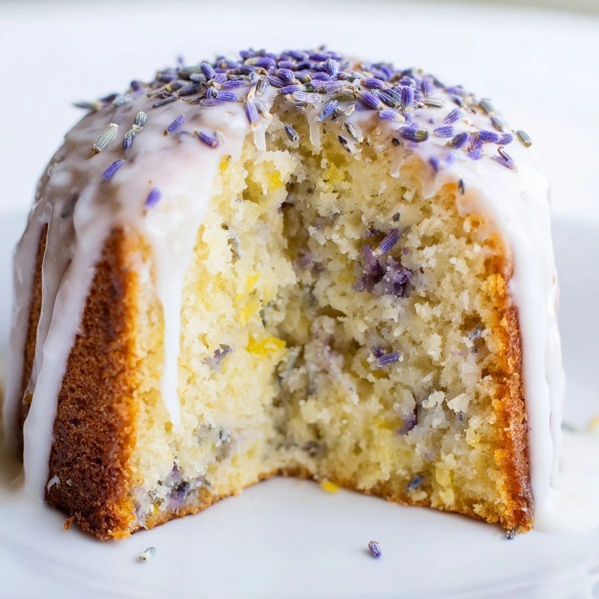 A freshly baked Lemon Lavender Cake glazed with white icing and garnished with lemon slices and lavender sprigs on a rustic wooden table.