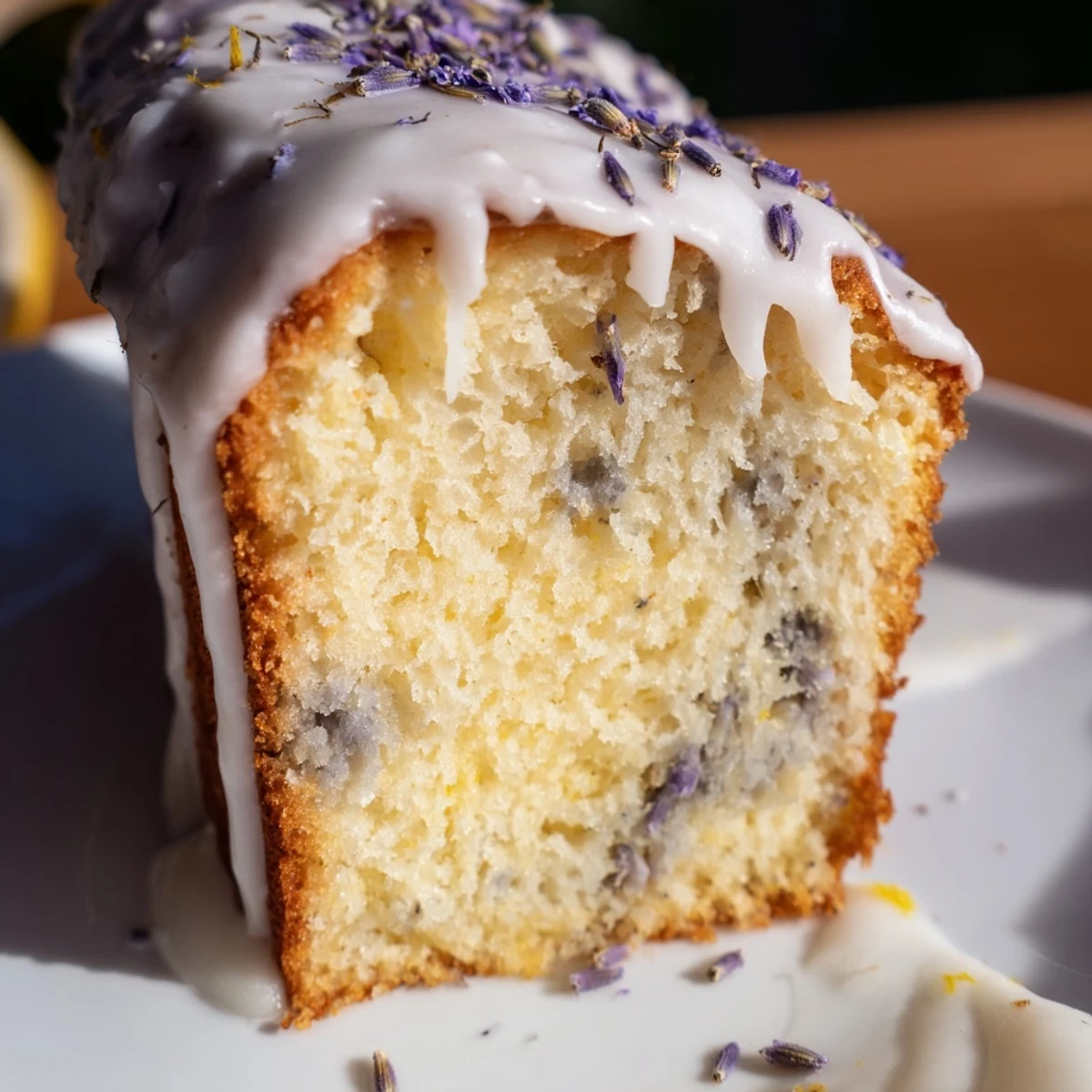 The Lemon Lavender Cake shows a moist crumb with a drizzle of lemon glaze, served on a white plate for an afternoon tea setting.