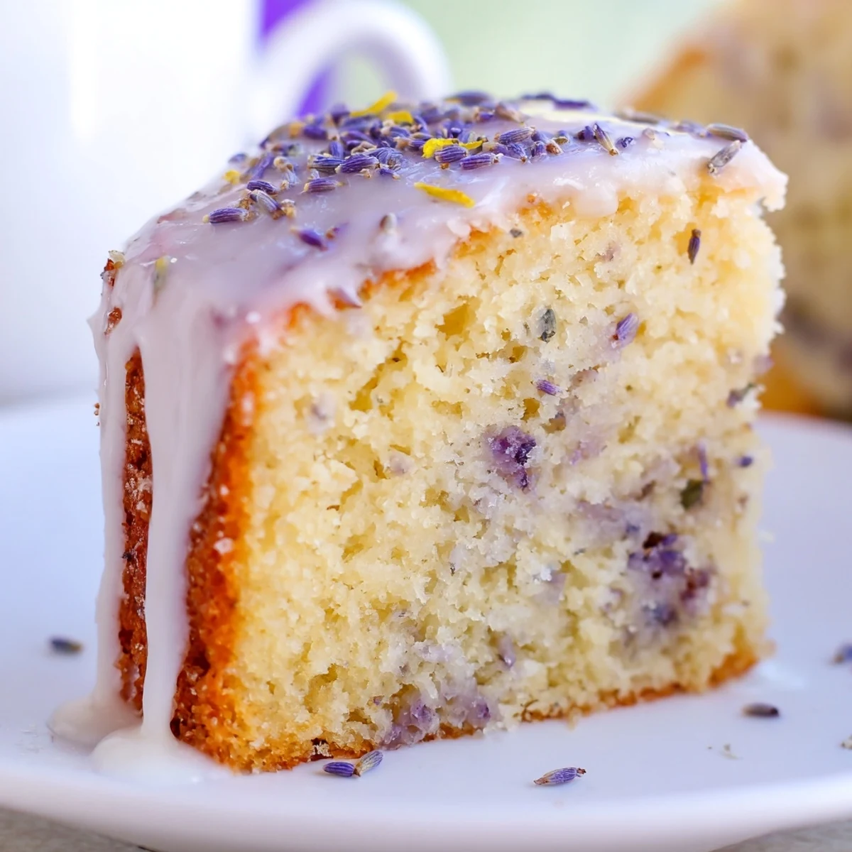 Close-up slice of Lemon Lavender Cake reveals a tender texture, topped with glaze and a sprig of culinary lavender for a fragrant dessert.