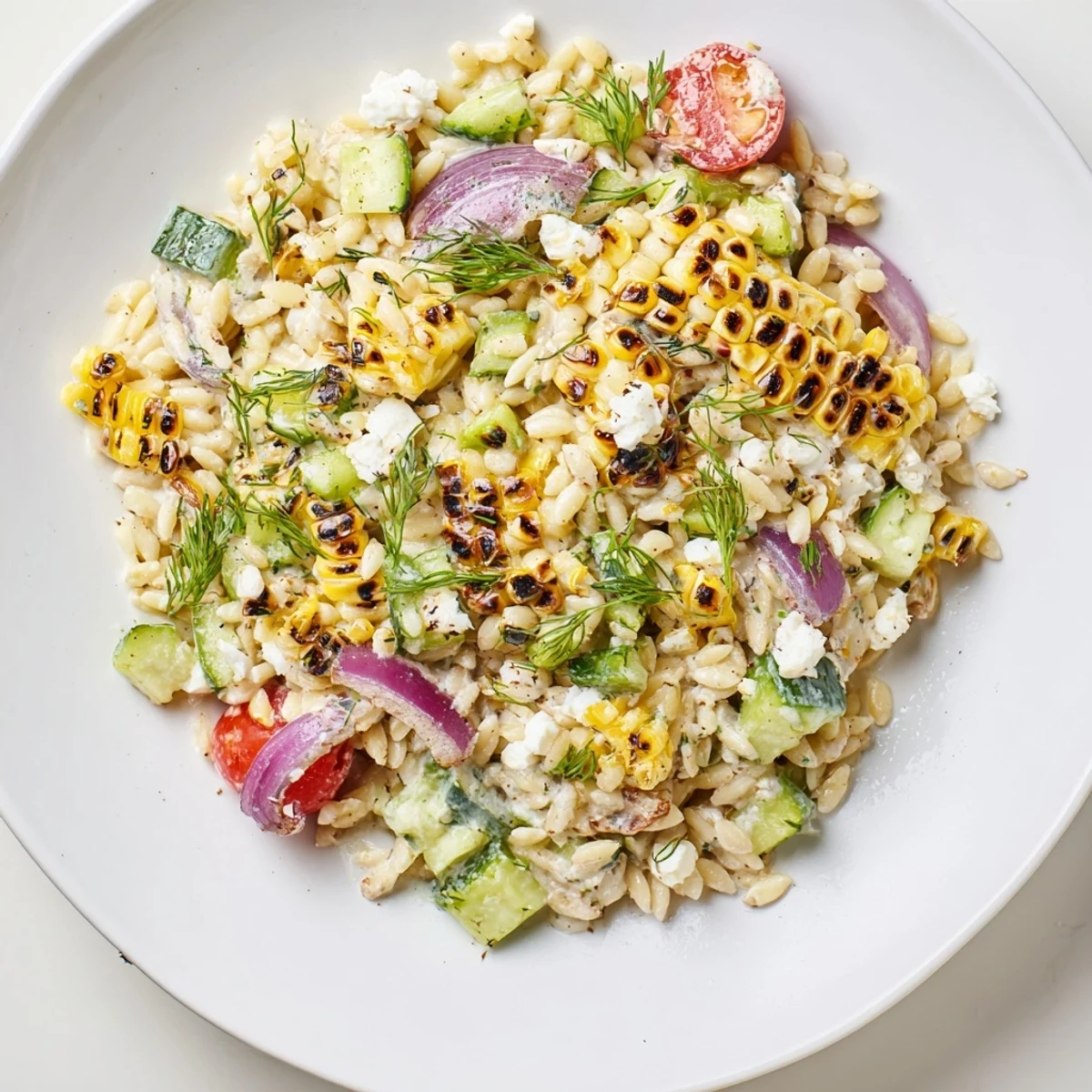 Charred grilled corn and tender orzo tossed with crisp vegetables in a zesty scallion dill dressing.