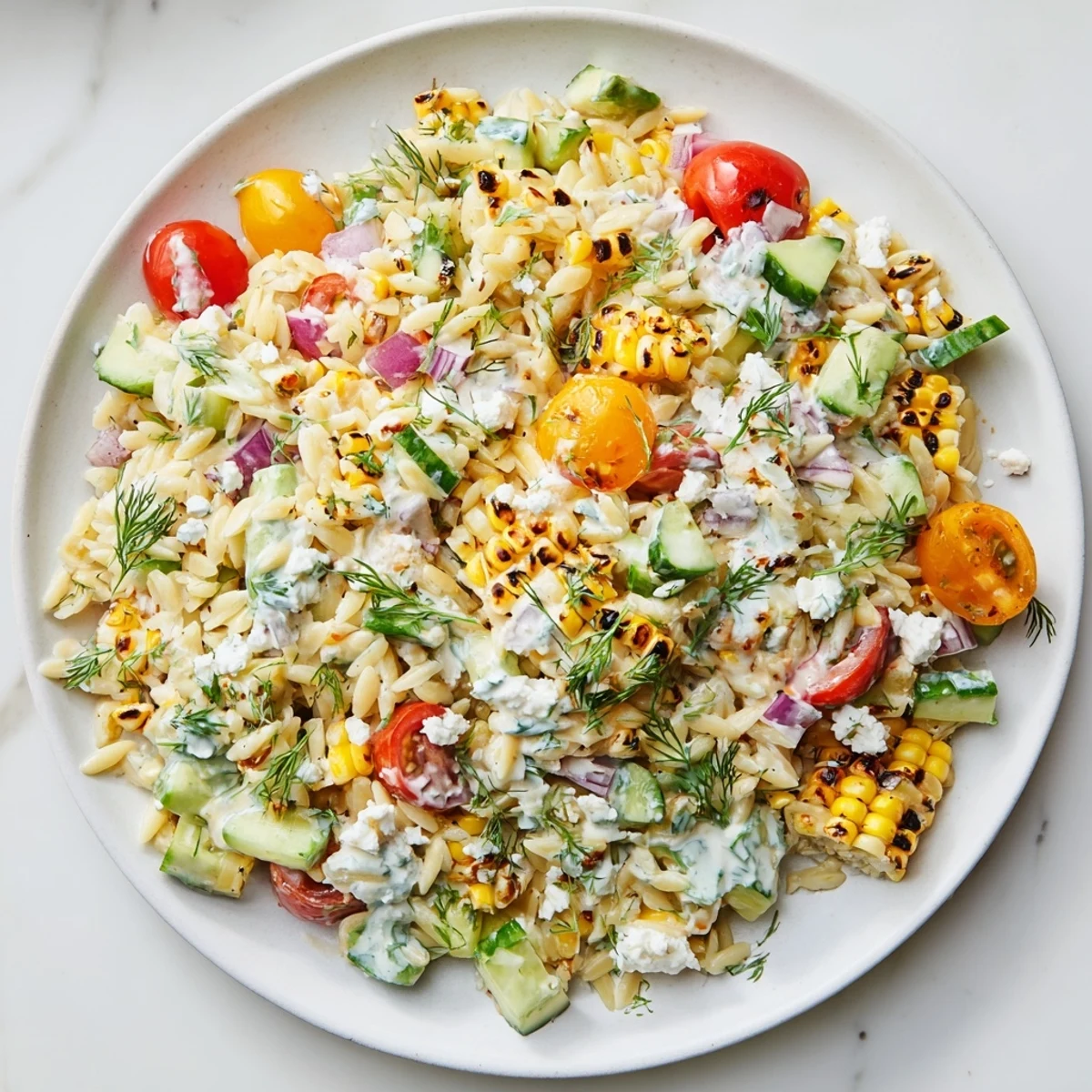 Smoky grilled corn kernels mingle with orzo, cherry tomatoes, cucumber, and feta in this chilled salad.