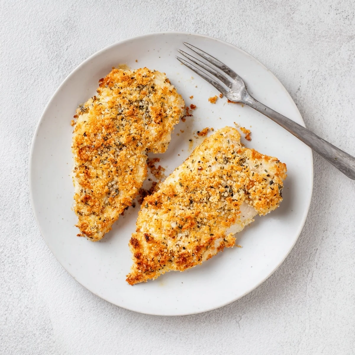 Golden-brown Baked Garlic Parmesan Chicken breasts rest on a white plate, showcasing a crispy, savory crust and juicy interior.  