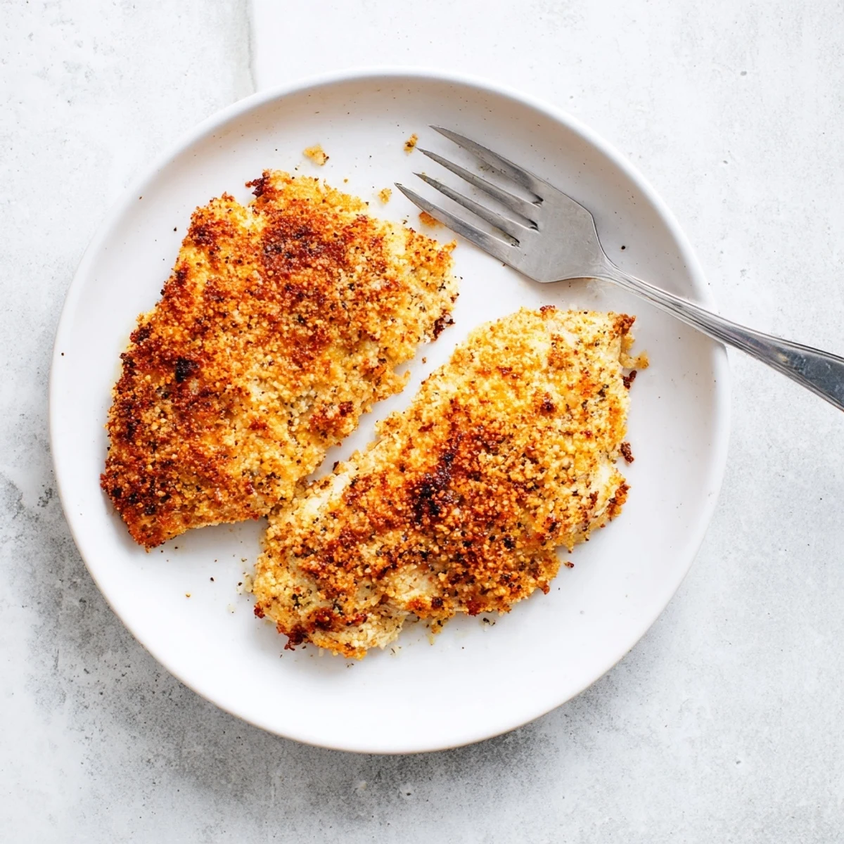 A close-up of Baked Garlic Parmesan Chicken reveals melted Parmesan and golden crumbs on tender meat, perfect for weeknight dinners.  