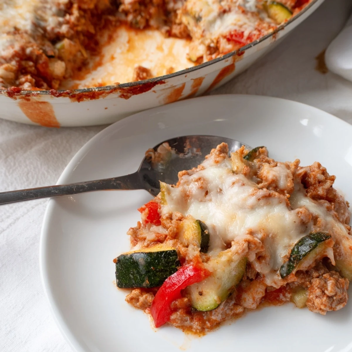 A serving of Easy Ground Turkey Zucchini Casserole with melted mozzarella and golden Parmesan topping.