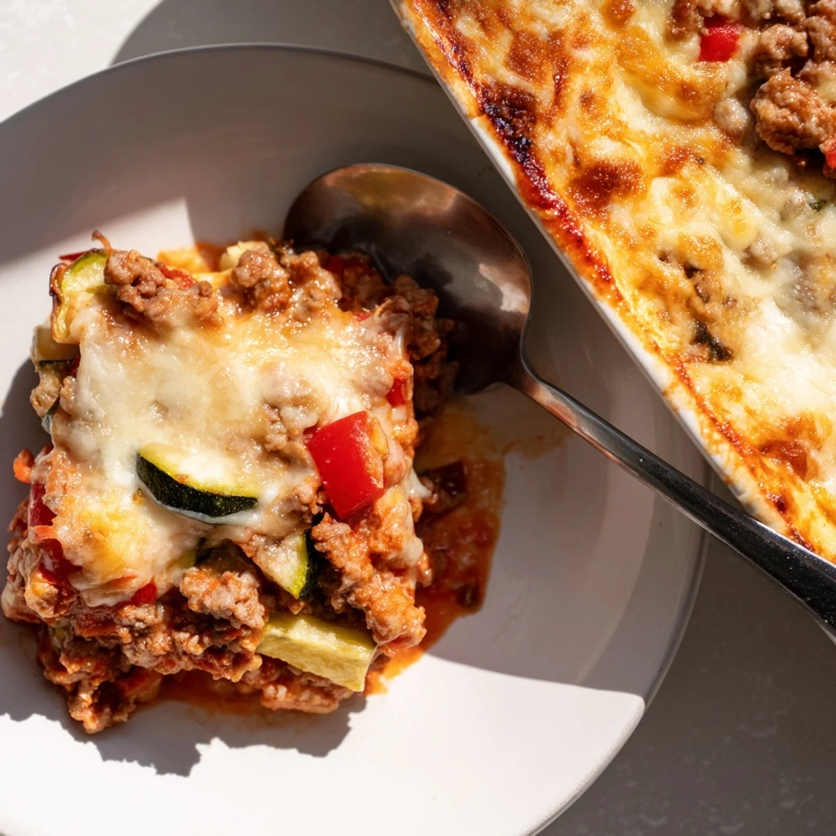 Close-up of Easy Ground Turkey Zucchini Casserole featuring juicy turkey and tender zucchini slices.