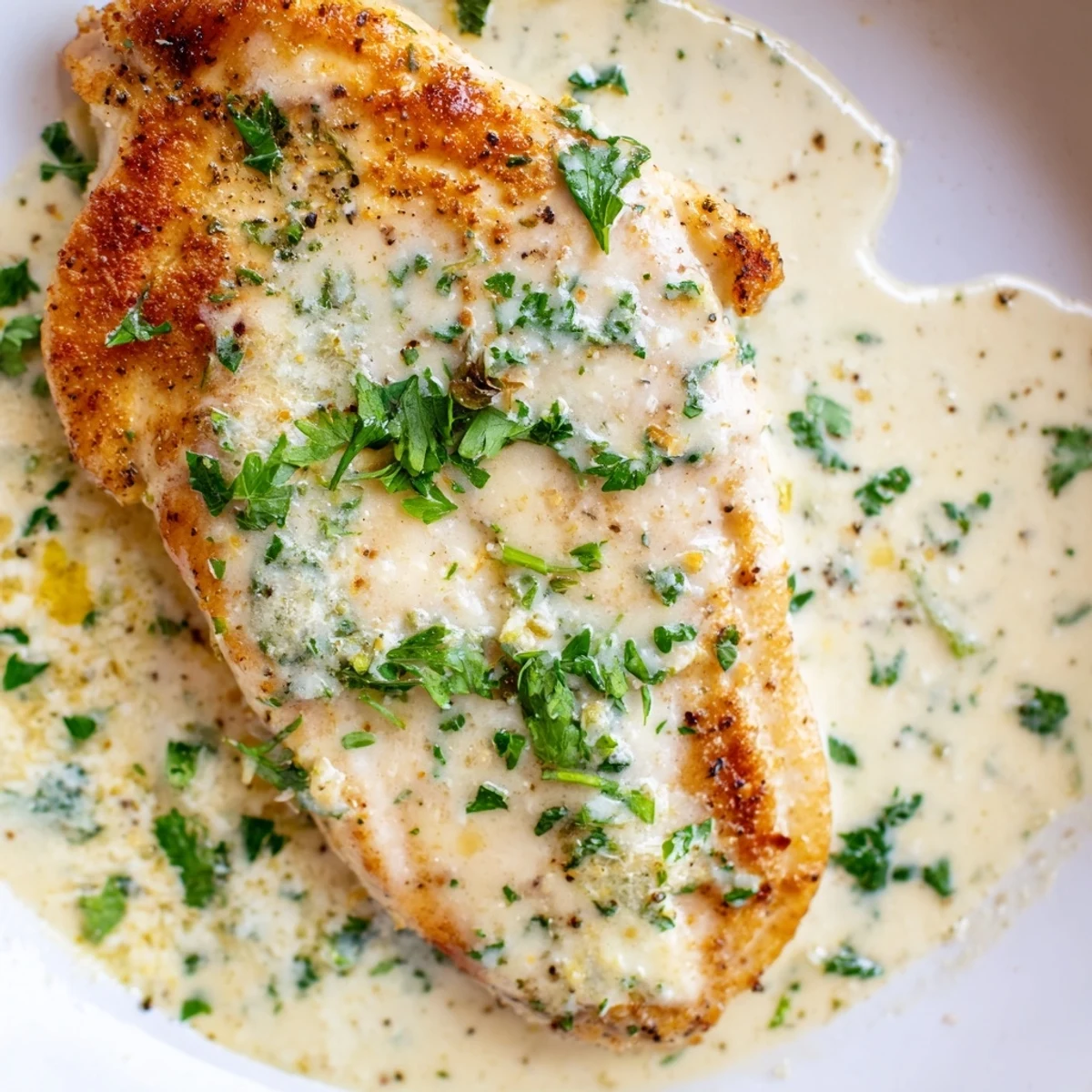 Golden brown chicken breasts coated in a creamy Parmesan lemon sauce, garnished with fresh parsley on a white plate.