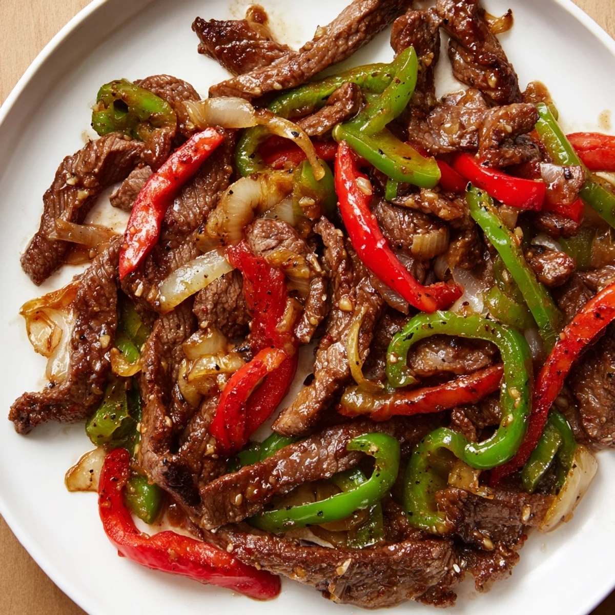 Tender beef strips and vibrant bell peppers in Sizzling Chinese Pepper Steak With Onions, served hot over fluffy steamed rice.