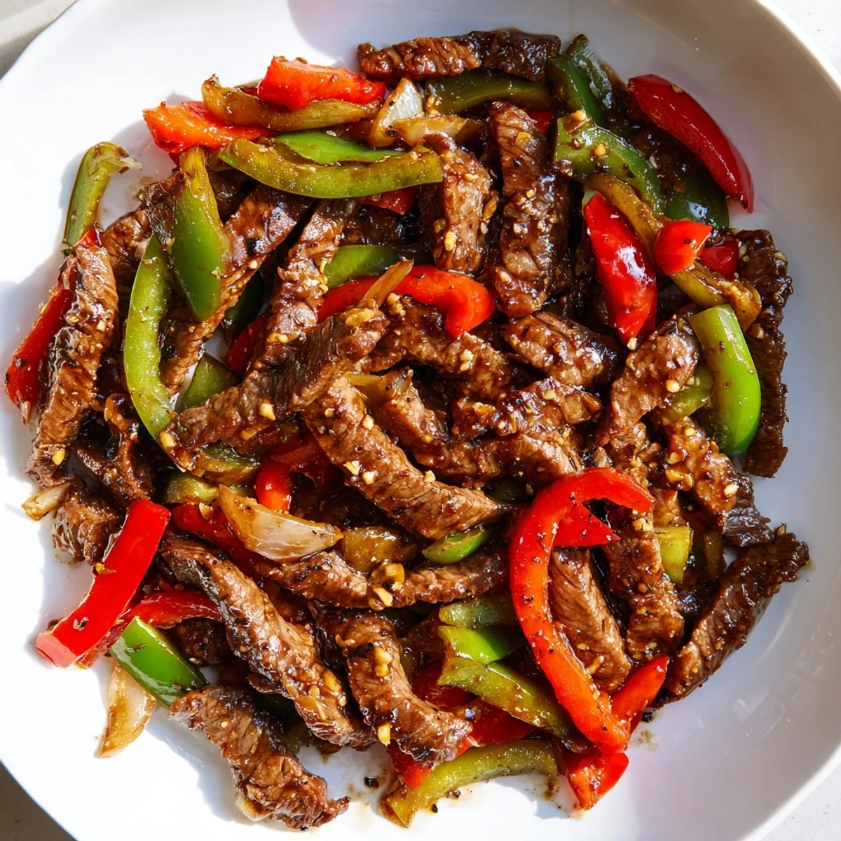 A close-up view of Sizzling Chinese Pepper Steak With Onions, showing sizzling beef and colorful peppers in a wok, ideal for dinner.
