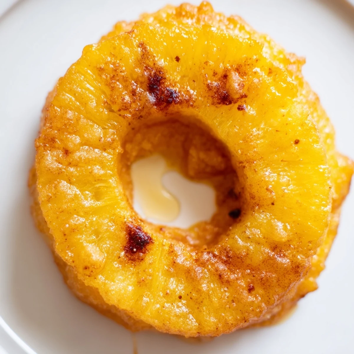 Freshly fried pineapple slices coated in a light cinnamon batter, drizzled with maple syrup and sprinkled with toasted coconut.